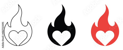 flaming heart icon illustration set featuring diverse styles of burning hearts, minimalist line art to bold red and orange vector graphics collection for valentine design, tattoo inspiration, and roma