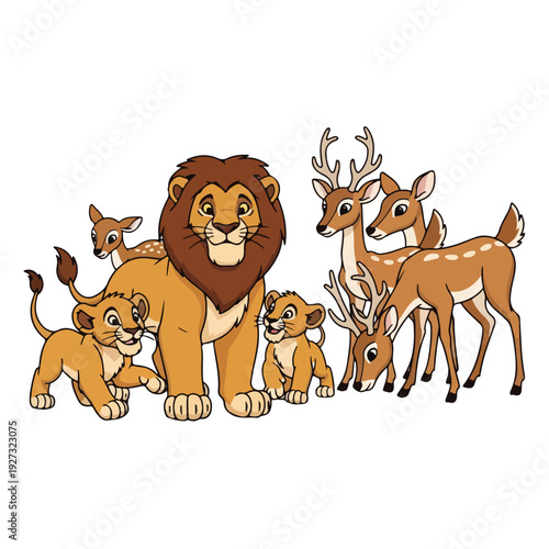 Lion and deer cartoon animals standing together in a group