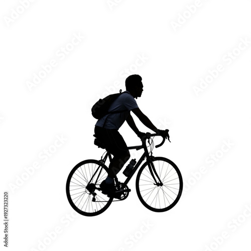 Silhouette of a cyclist riding a bicycle with a backpack on a white background from a side view
