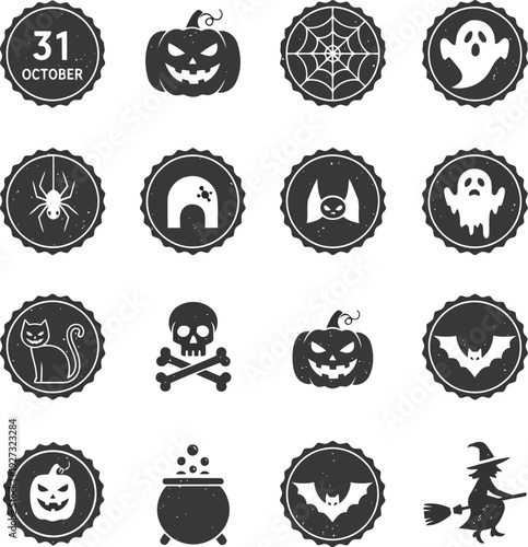 Halloween Icon Set Collection with Pumpkins, Ghosts, Bats, Witch, and Spooky Symbols in Black Silhouette Style