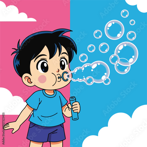 Boy blowing bubbles outdoors in sunny weather happily