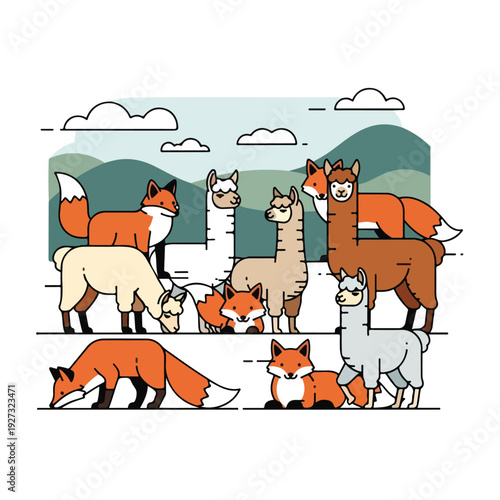 Cartoon animals friends standing together in natural landscape