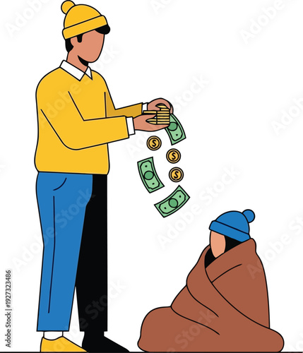 Charity Donation Illustration – Helping Homeless Person with Money, Winter Clothing, Flat Design