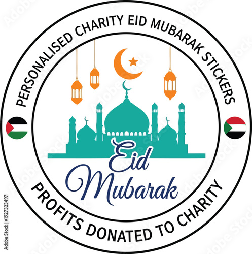 Eid Mubarak Charity Sticker with Mosque, Lanterns, Crescent Moon, and Donation Message for Eid Celebration