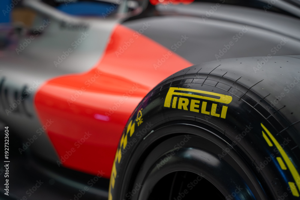 Fototapeta premium Close up of Pirelli tire on Audi Formula 1 race car. Toronto, Canada - February 18, 2026.