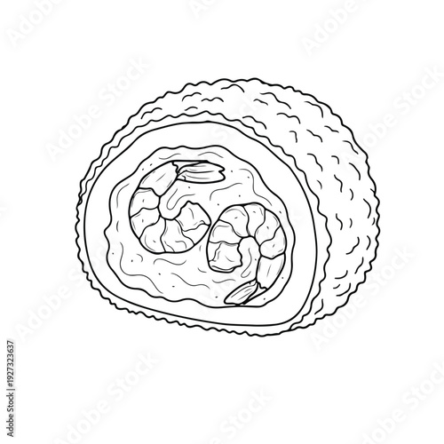 Black and white line drawing of a sushi roll cut in half