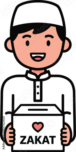 Smiling Muslim Boy Holding Zakat Donation Box Cartoon Vector for Islamic Charity Campaigns
