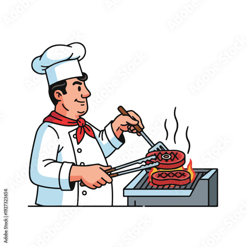Chef grilling burgers on barbecue with tongs in kitchen