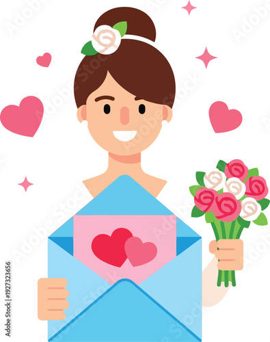 Smiling Bride with Bouquet and Love Letter in Envelope Vector Illustration for Wedding Invitations
