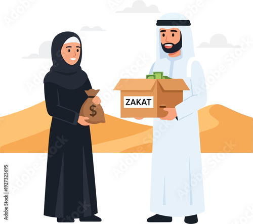 Muslim Man Giving Zakat Donation to Woman in Desert, Islamic Charity Concept, Flat Vector Illustration