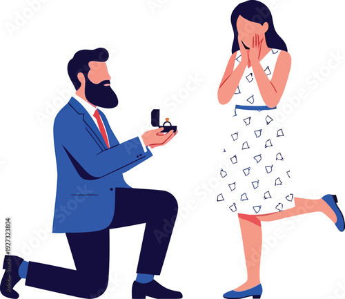 Romantic marriage proposal illustration with man on knee offering engagement ring to surprised woman