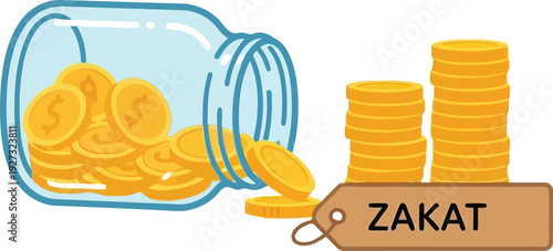 Zakat donation concept with gold coins in jar and stacked money for Islamic charity and finance