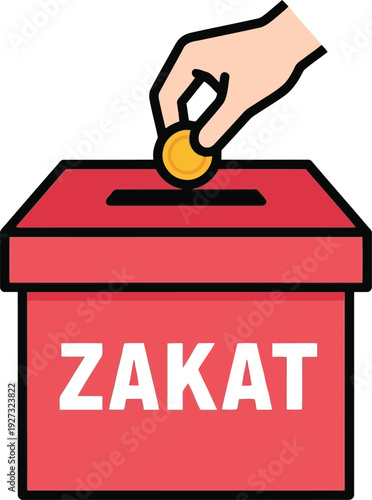 Hand Donating Coin to Zakat Charity Box Illustration for Islamic Giving and Ramadan Campaigns