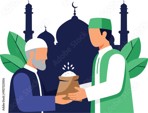 Muslim Charity Giving Zakat al-Fitr During Ramadan with Mosque Silhouette Vector Illustration