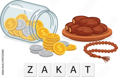Zakat concept illustration with coins, dates, prayer beads, and donation jar for Islamic charity