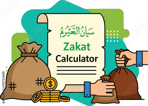 Zakat Calculator Concept Illustration with Money Bags, Coins, and Islamic Charity Document
