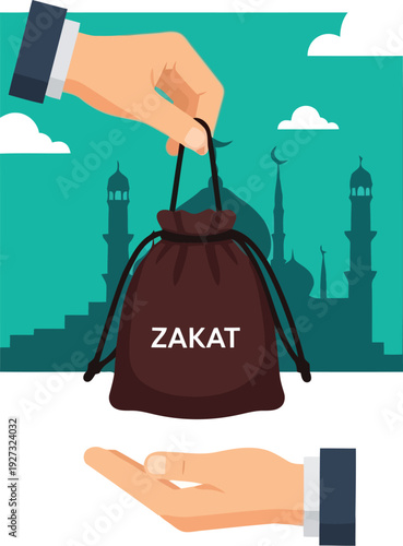 Islamic Zakat Donation Concept with Mosque Background and Charity Giving Illustration