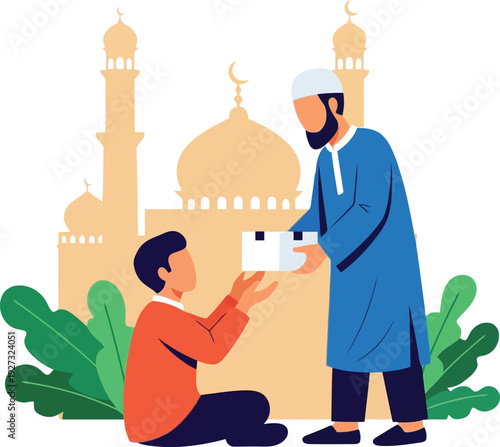 Muslim man giving charity donation to needy person in front of mosque during Ramadan