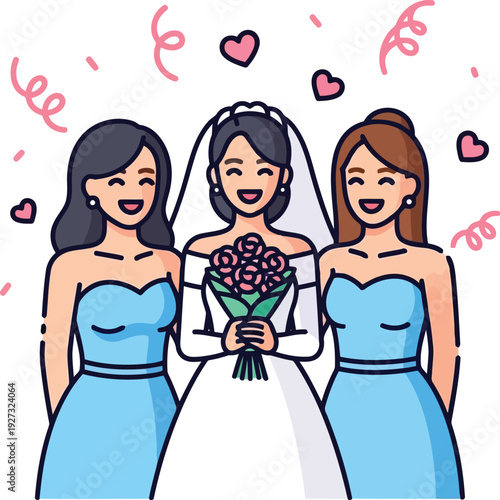 Happy bride with bridesmaids in blue dresses at wedding ceremony, cartoon vector illustration