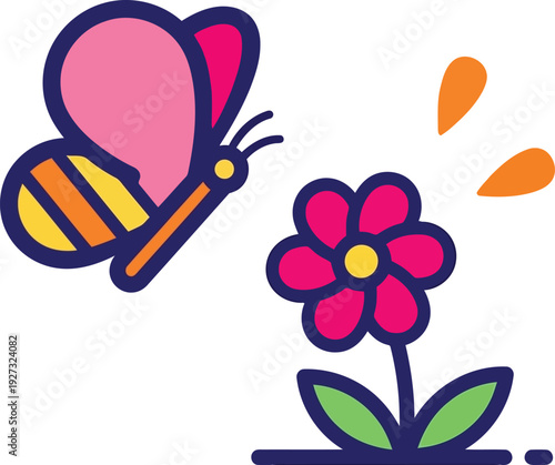 Colorful cartoon butterfly and flower illustration for spring and summer designs