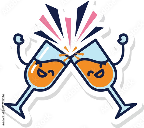 Cartoon Champagne Glasses Clinking in Celebration with Happy Faces and Colorful Splash