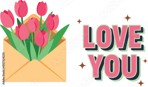Romantic Envelope with Pink Tulips and Love You Text for Valentine's Day Greeting Card Design