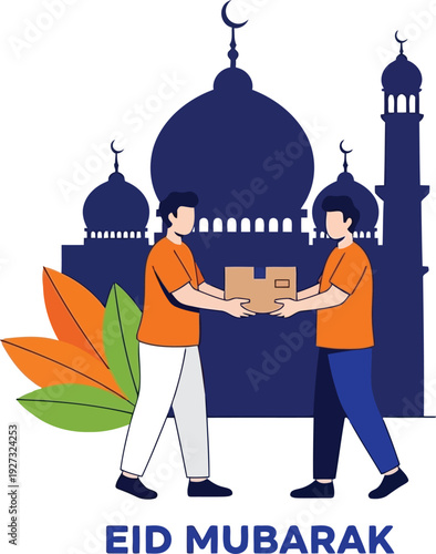 Eid Mubarak illustration with people exchanging gifts in front of mosque, festive Islamic celebration concept