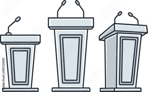 Three lecterns with microphones on top for public speaking events