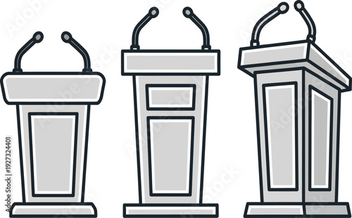 Three lecterns with microphones on top for public speaking events