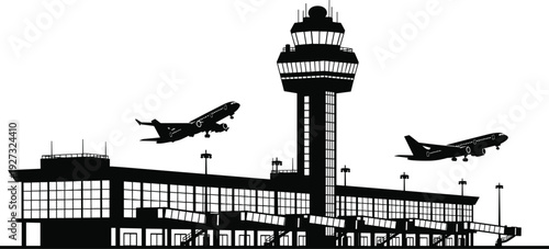 Airport, terminal, building, with, control, tower, and, airplanes, taking, off, silhouette, vector, illustratio vector, illustration, for, travel, and, aviation, design, flavector, isolated.