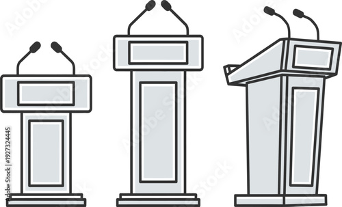 Three different podiums with microphones on top for public speaking events