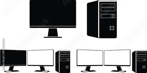 Desktop, computer, workstation, silhouette, set, with, monitor, screen, and, CPU, tower, pc, hardware, technology, office, electronic, flavector, vector, illustration, isolated,