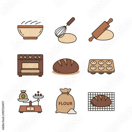 Collection of flat vector icons representing bakery items, baking tools, and cooking equipment for a culinary theme