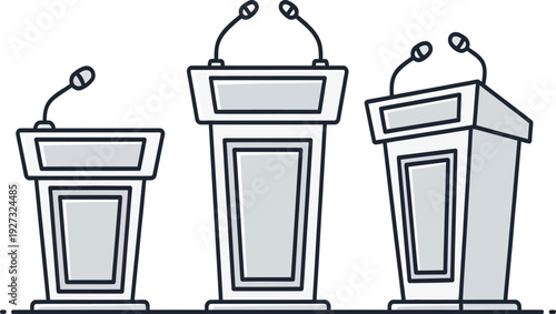Three line drawing podiums with microphones on top for public speaking events