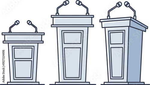 Three lectern podiums with microphones on top for public speaking events