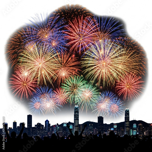 Vibrant fireworks explode above a city skyline at dusk, capturing the festive atmosphere and urban landscape