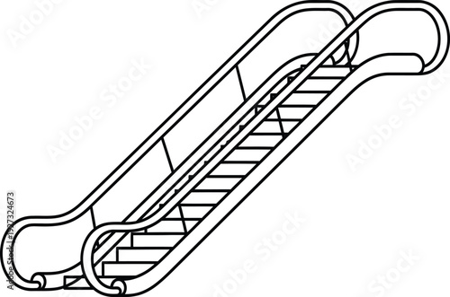 A line drawing of a spiral staircase with a metal frame and railing