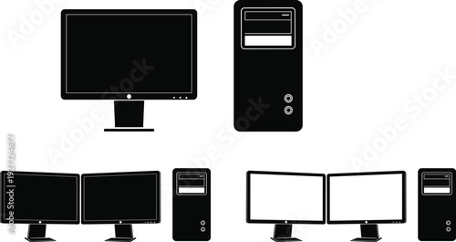 Telecommunication, tower, radio, antenna, mast, medieval, castle, spiral, staircase, computer, monitor, workstation, silhouette, set, hardware, technology, network, vector, flavector, illustration,