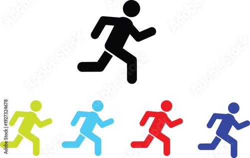 Multiple colored stick figure icons illustrate the action of running or jogging against a white background.
