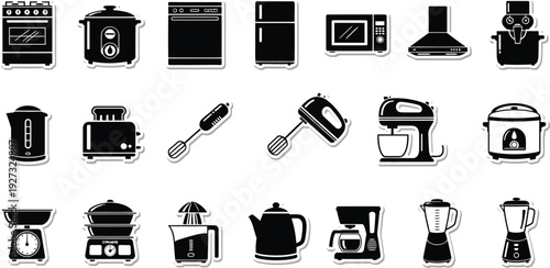 A variety of kitchen appliance icons shows mixers, toasters, ovens, and coffee makers in a solid black silhouette style.