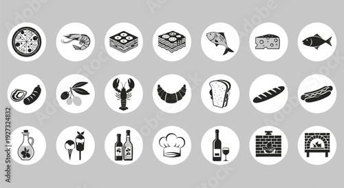 Various food and beverage icons are arranged in circular badges against a neutral gray background for culinary concepts.