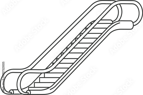 A black and white line drawing of an escalator