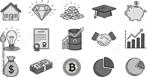 A collection of hand-drawn icons represents various financial assets, investment concepts, and economic symbols in grayscale.