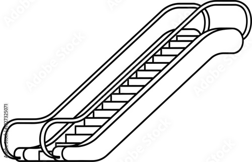 A black and white line drawing of an escalator