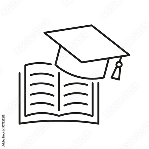 Graduation Cap And Open Book Line Icon. Education, Learning, And Academic Achievement Outline Symbol. Knowledge And Scholarship. Editable Stroke. Isolated Vector Illustration