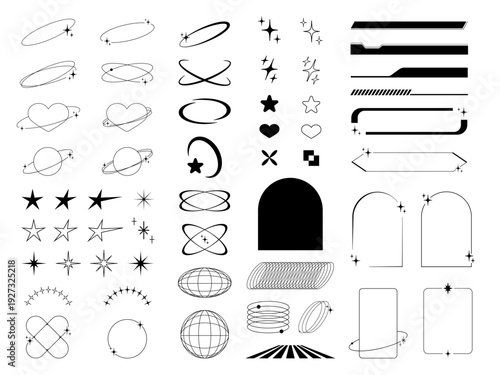 Y2K Aesthetic Graphic Elements Set Retro Futuristic Stars Hearts and Orbits Collection Vector Illustration
