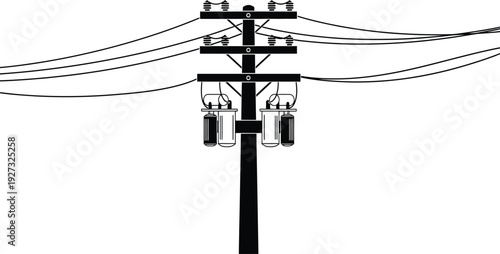 Electricity transmission tower with wires on for energy infrastructure concept