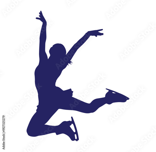 Ice skater in mid jump with arms raised in a celebratory pose on white background
