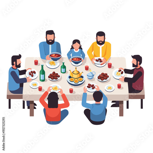 Joyful illustration of a diverse family sharing a traditional cultural meal around a dining table, enjoying delicious food and drinks, fostering togetherness and celebrating heritage