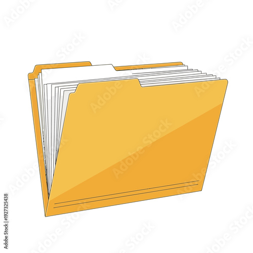 A digital illustration of an open manila folder filled with stacked documents, showcasing organized information and office supplies
